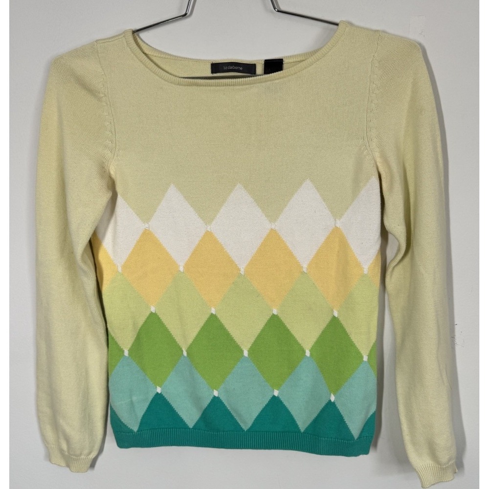 VTG Liz Claiborne 100% Cotton Pullover Argyle Sweater Size S Multicolor 80's‎